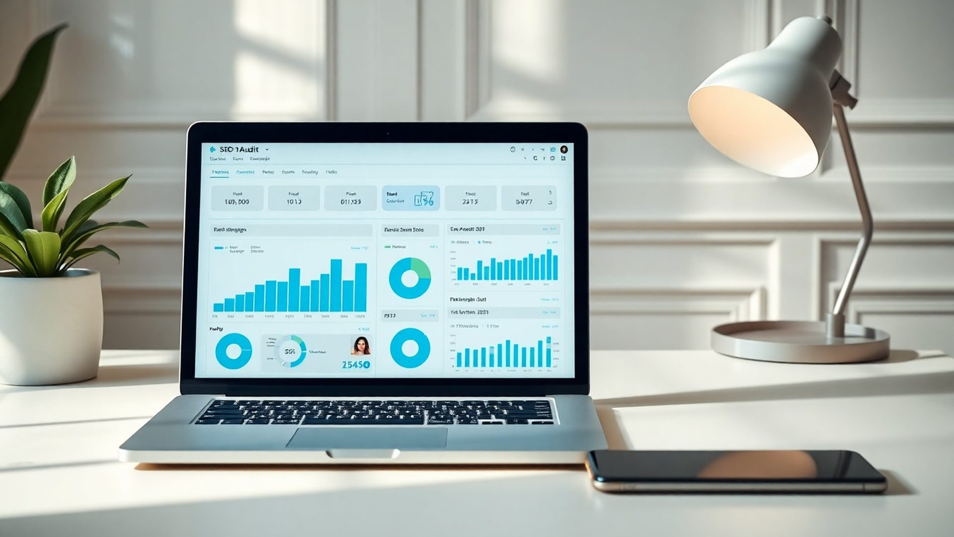 Tableau de bord d'audit SEO affiché sur un ordinateur portable