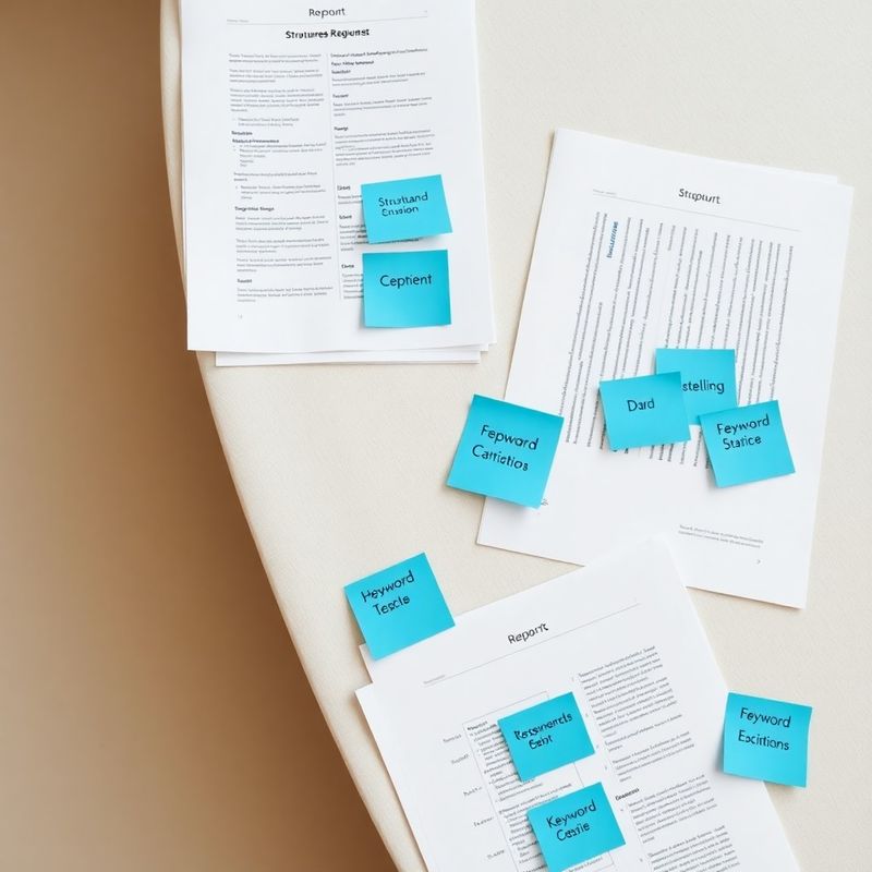 Documents d'audit SEO structurés sur un bureau clair, notes azure